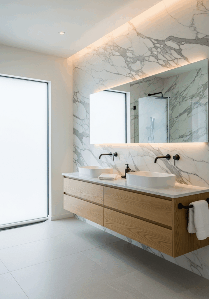 Spa Like Bathroom with Marble Wood and Grey Tones