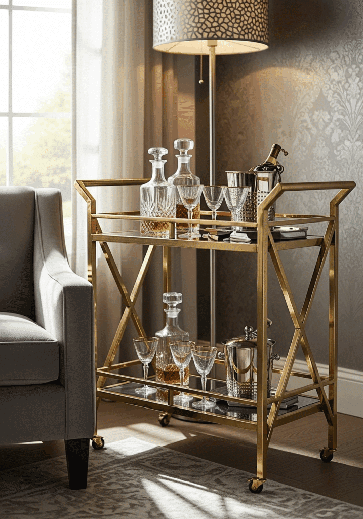 Stylish Gold Bar Cart for an Art Deco Grey and Gold Living Room