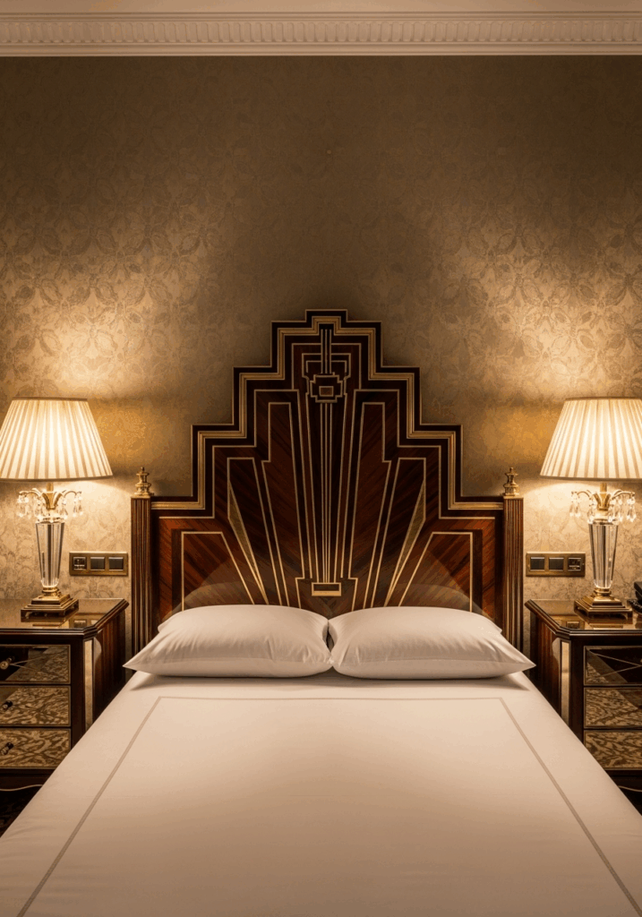 Symmetrical Furniture Layout in an Art Deco Inspired Bedroom