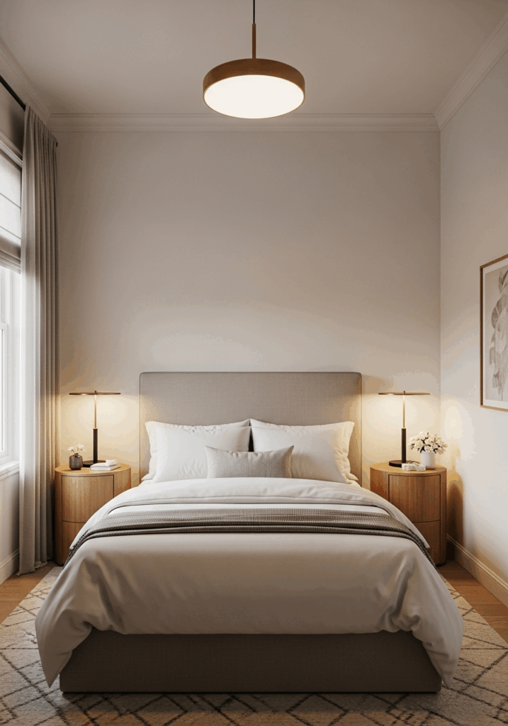 Symmetrical Small Bedroom Layout with Queen Bed