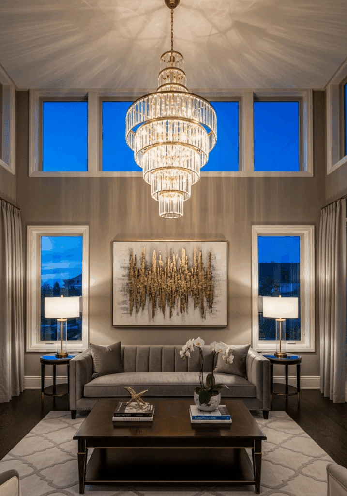 Symmetrical Statement Lighting in a Grey and Gold Living Room