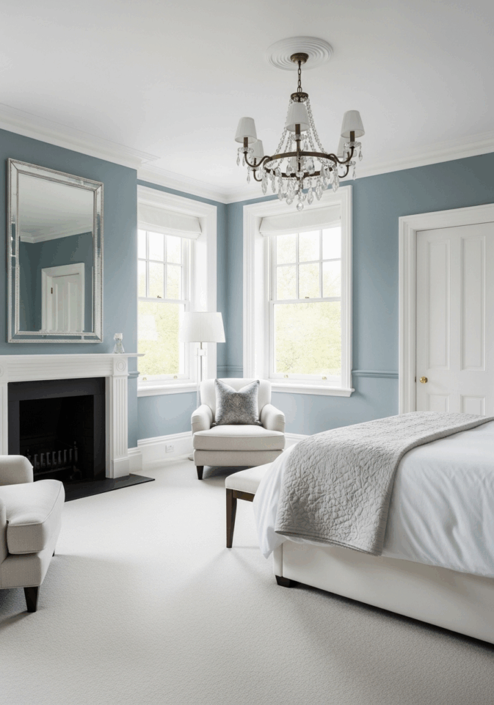 Two Tone Bedroom with Light Blue and White Half Walls