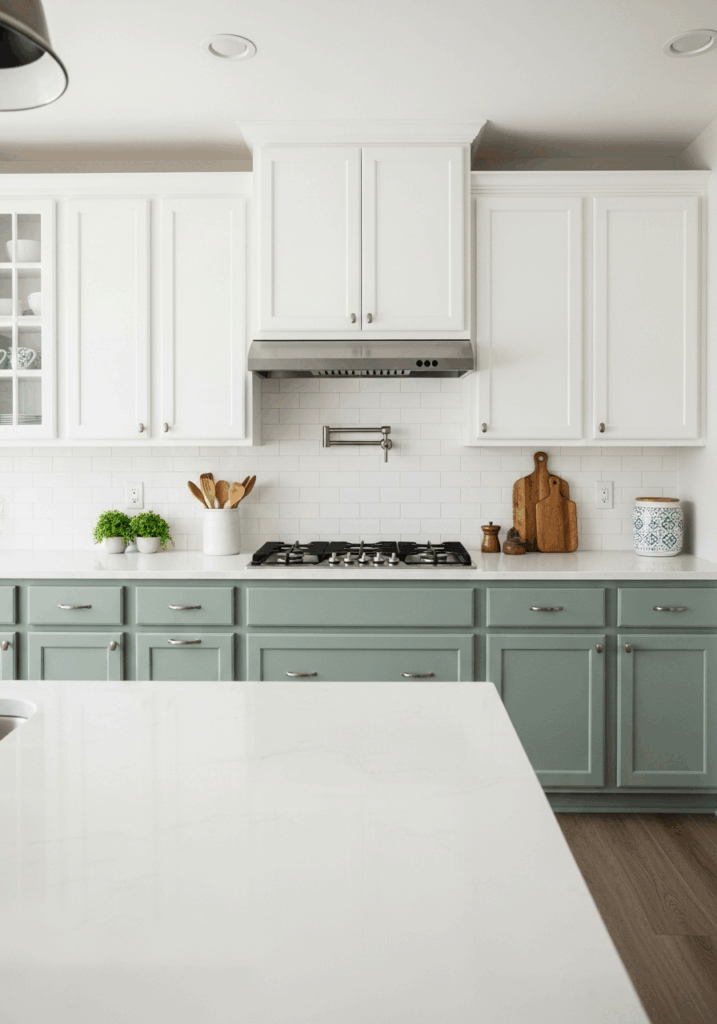 Two Tone Kitchen Design with White Upper Cabinets