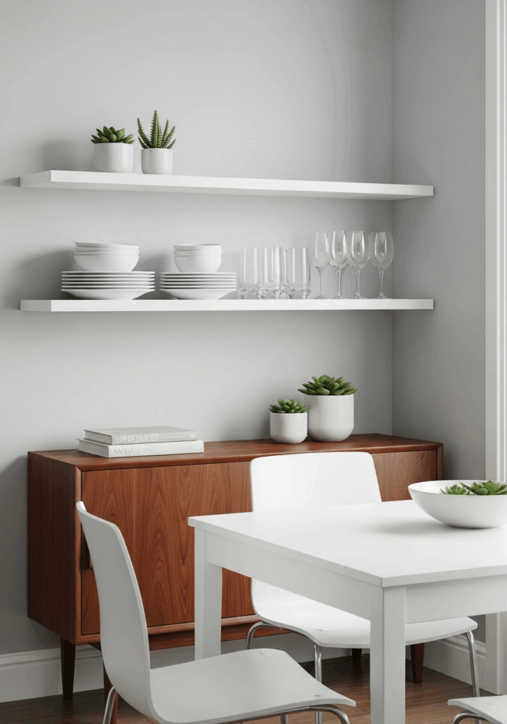 Vertical Storage with Floating Shelves in Small Dining Room