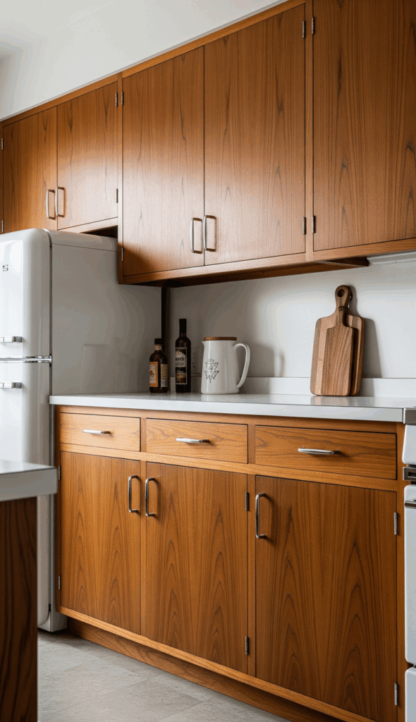 Vintage Mid Century Modern Kitchen Flat Panel Cabinetry in Warm Wood Tones