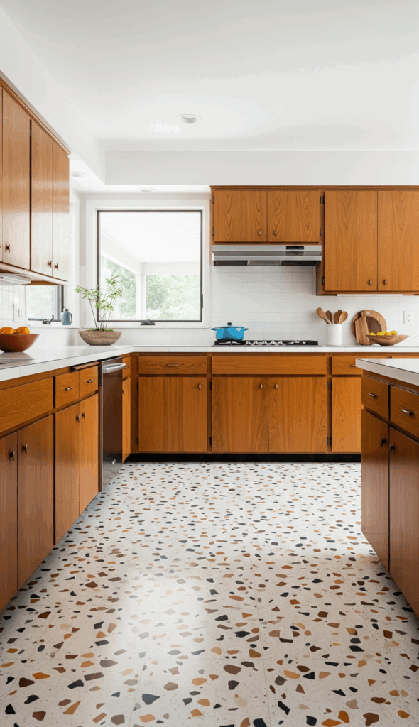 Vintage Mid Century Modern Kitchen Graphic Patterns in Flooring and Backsplashes