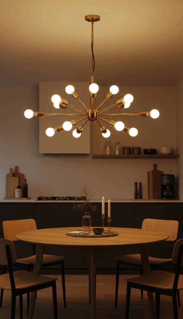 Vintage Mid Century Modern Kitchen Sputnik Chandeliers and Globe Pendants