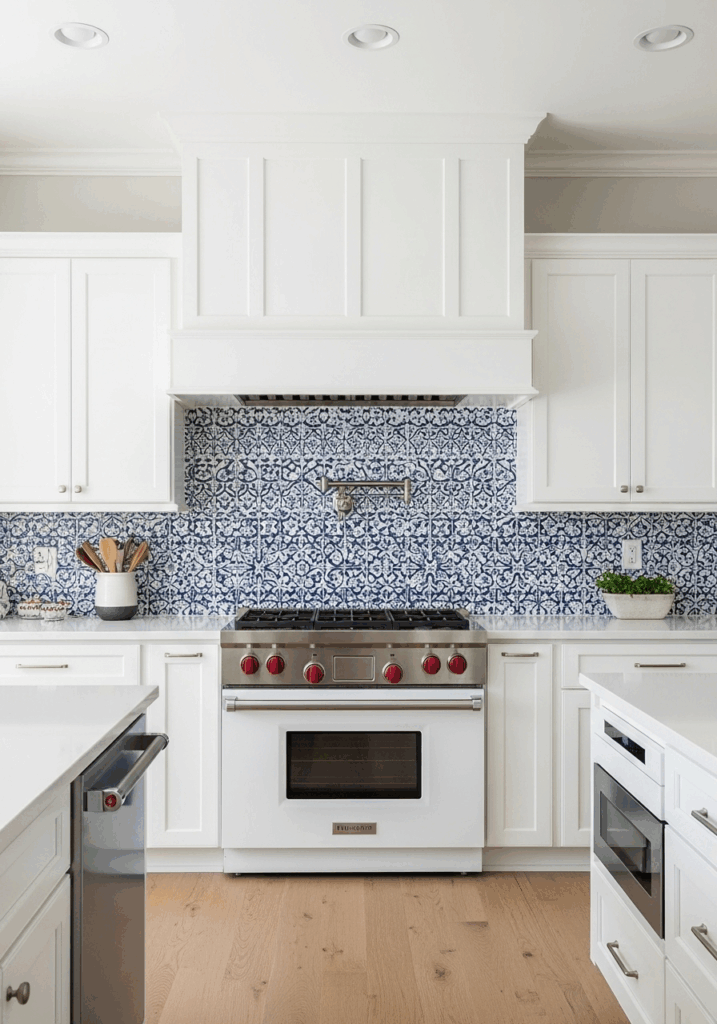 White Cabinet Kitchen with a Bold Patterned Tile Backsplash