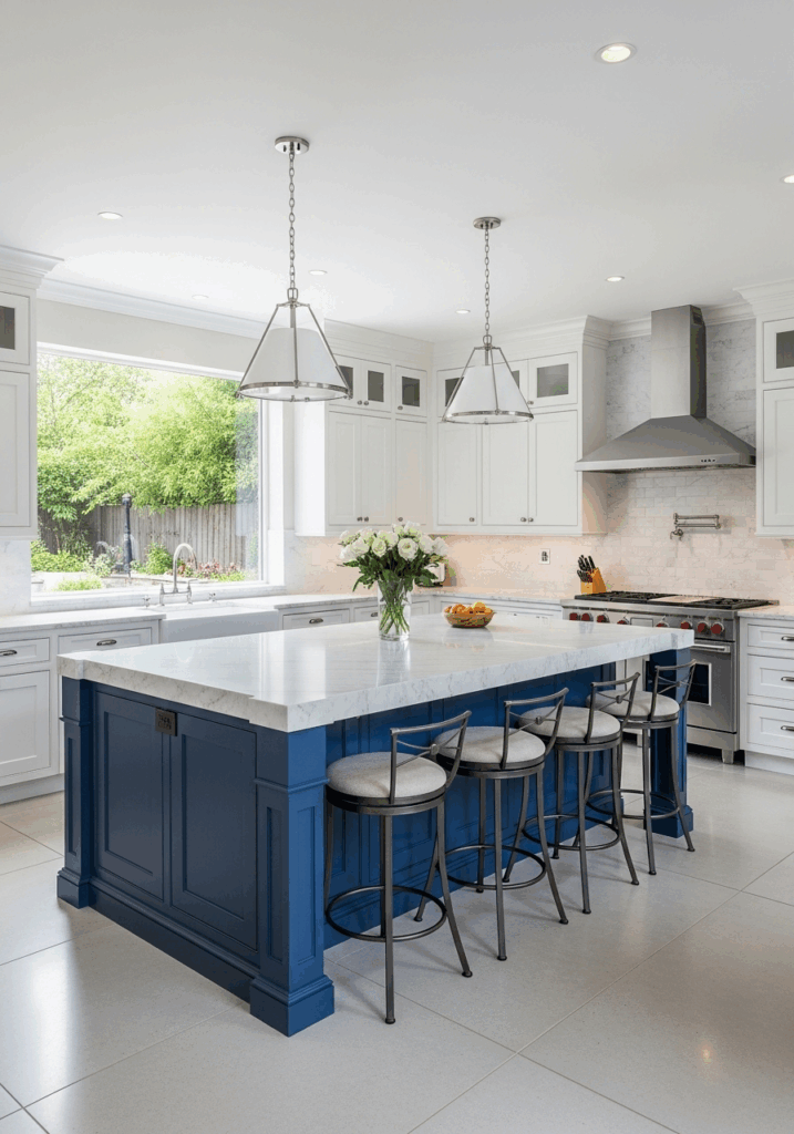 White Kitchen with a Statement Blue Island Cabinet