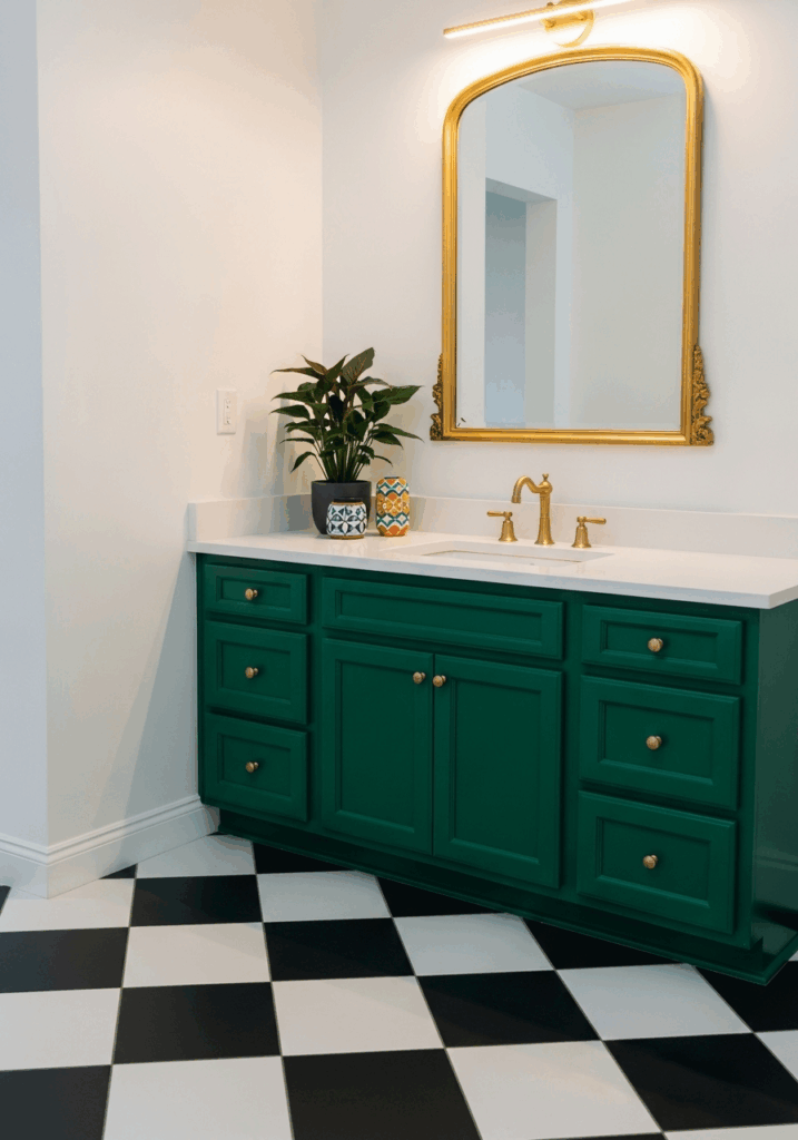 Bathroom with Checkerboard Floor and a Bold Green Vanity