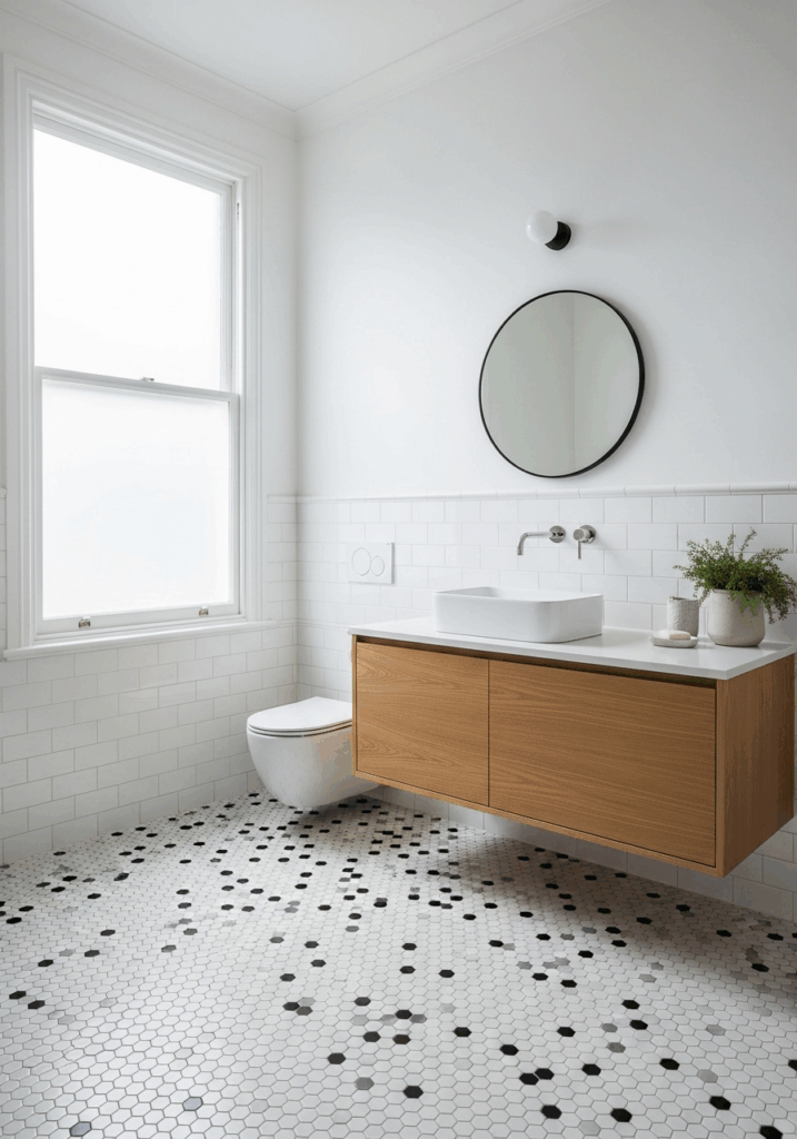 Classic Black and White Hexagon Tile Bathroom Floor