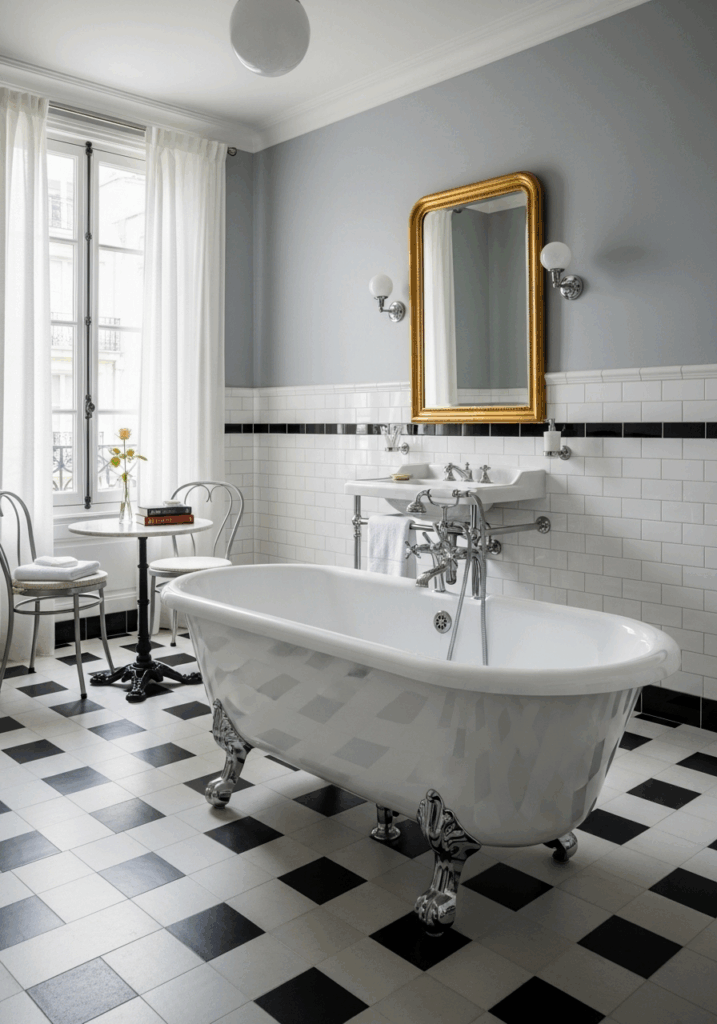 Classic Parisian Bathroom with Checkerboard Floor
