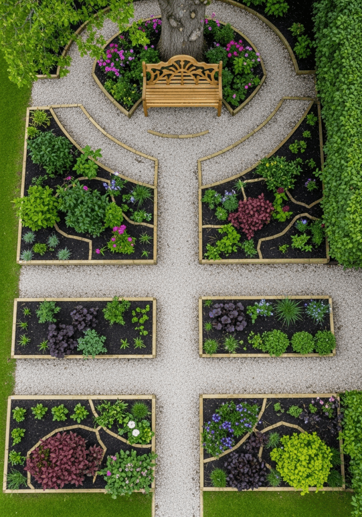 Creative Labyrinth Layout with Interconnected Raised Beds