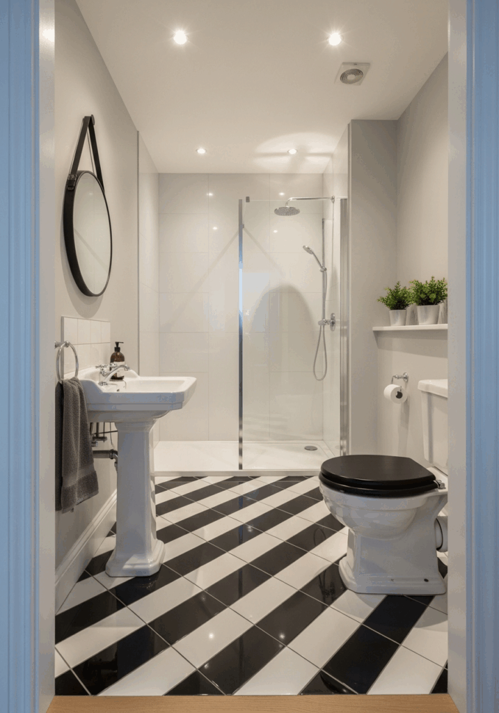 Diagonal Checkerboard Floor Layout for a Small Bathroom