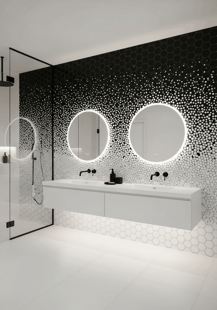 Dramatic Black and White Hexagon Tile Feature Wall