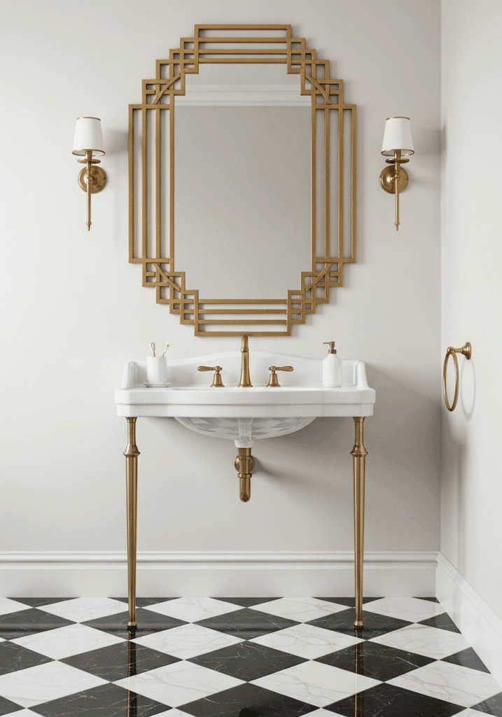 Glamorous Art Deco Bathroom with Checkerboard Floor and Gold Accents