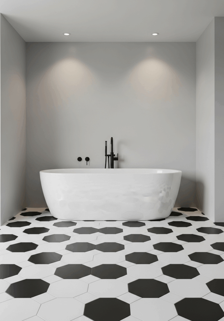 Large Scale Black and White Hexagon Tile Bathroom
