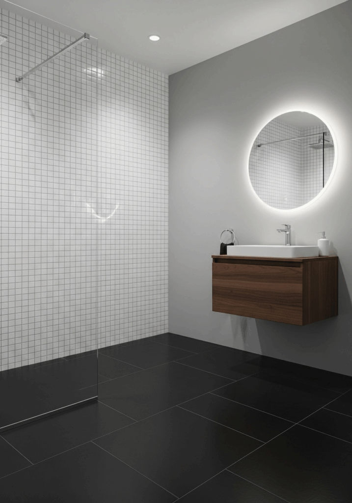 Modern Bathroom with Mixed Black and White Tile Shapes