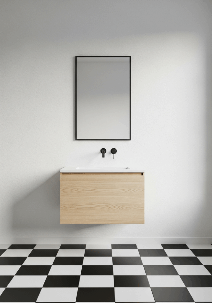 Modern Minimalist Bathroom with Checkerboard Floor and Black Fixtures