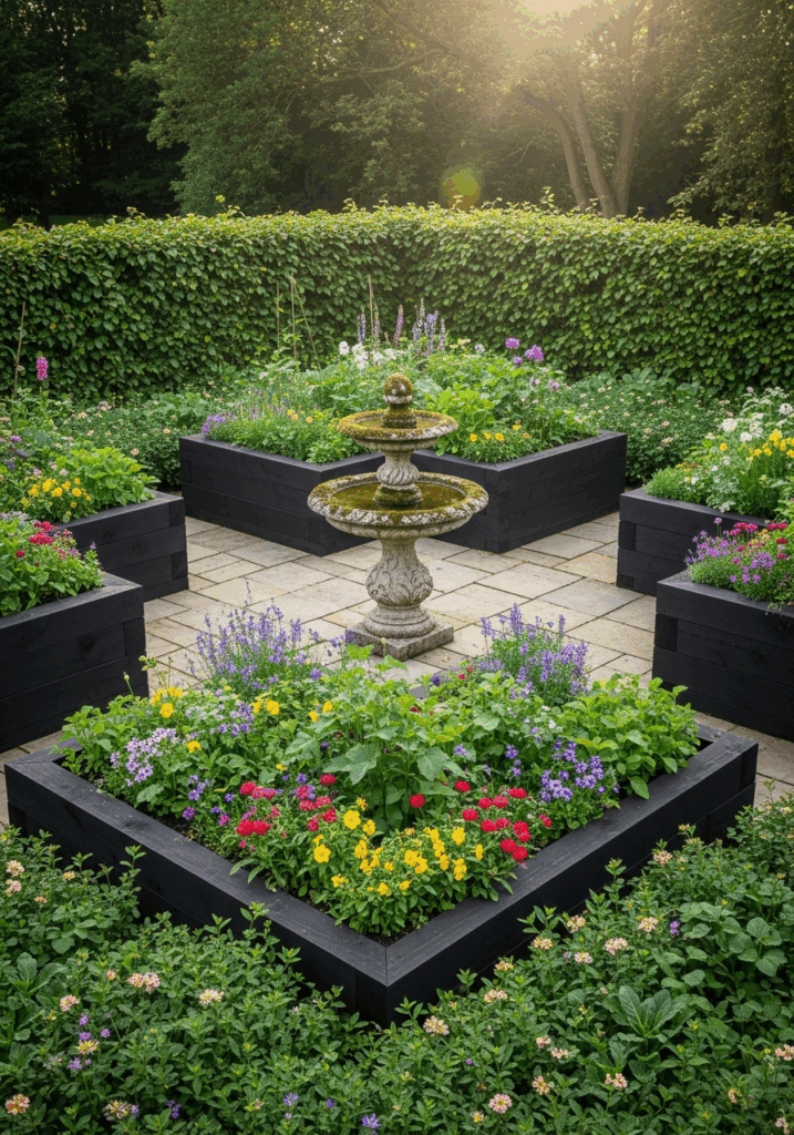 Potager Garden Layout with a Central Birdbath Feature