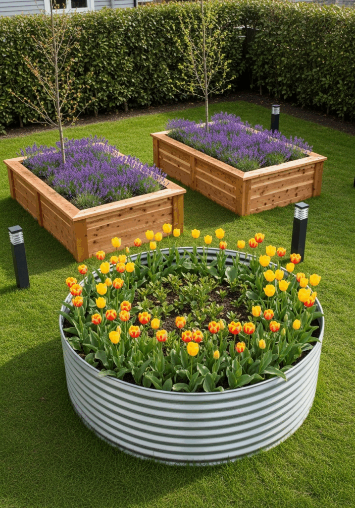Raised Garden Bed Layout with Mixed Materials