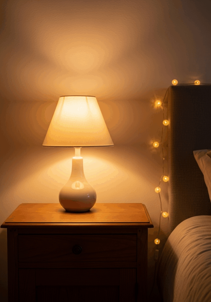 Warm Lighting with Thrifted Lamp for a Cozy Guest Room