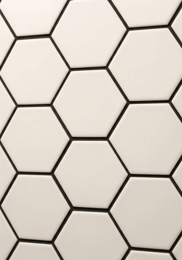 White Hexagon Tiles with Contrasting Dark Grout in Bathroom