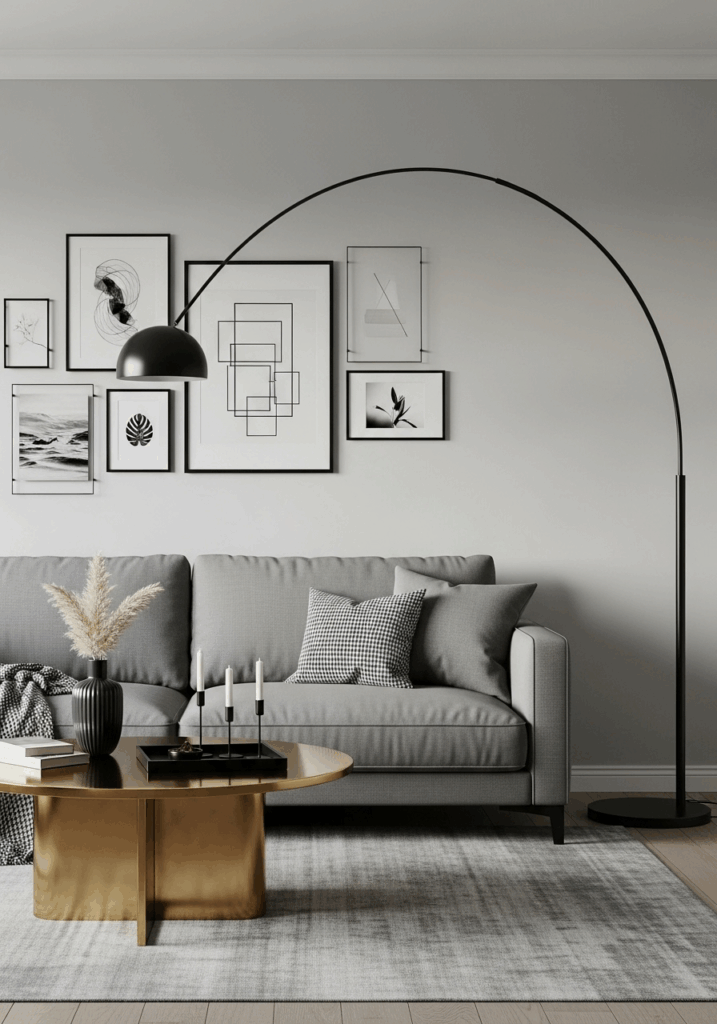 Black Accents in a Modern Gray and Gold Living Room