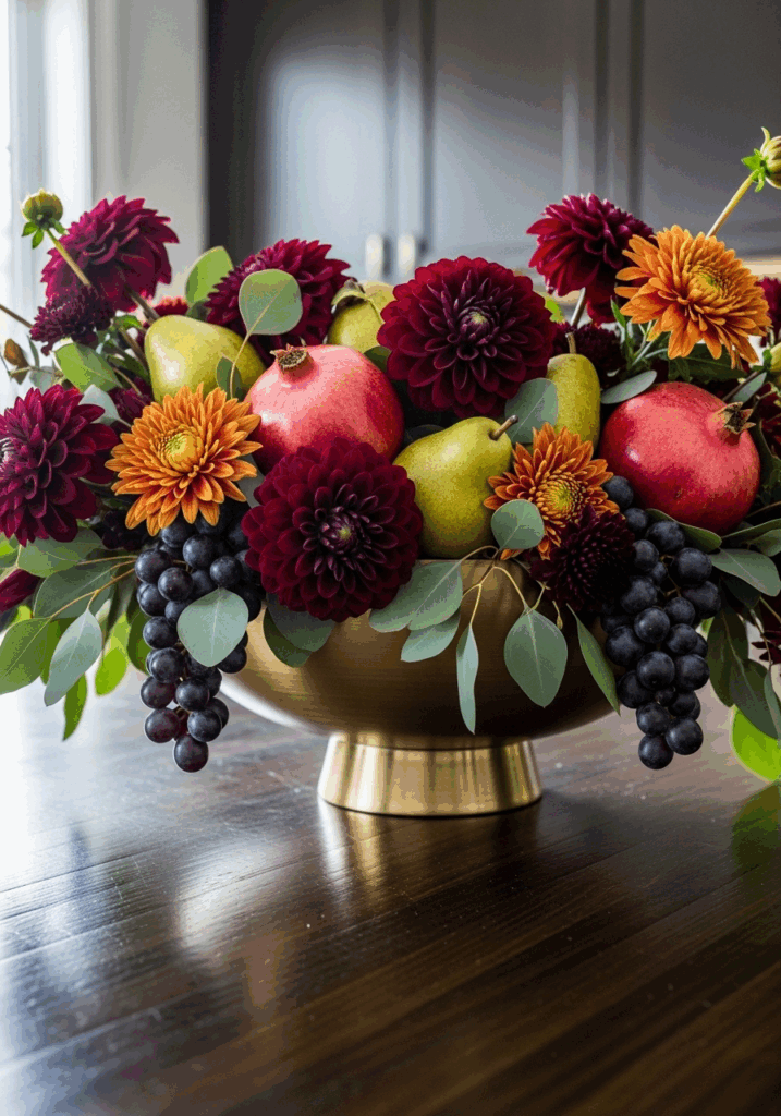 Bountiful Floral and Fruit Fall Table Centerpiece Idea