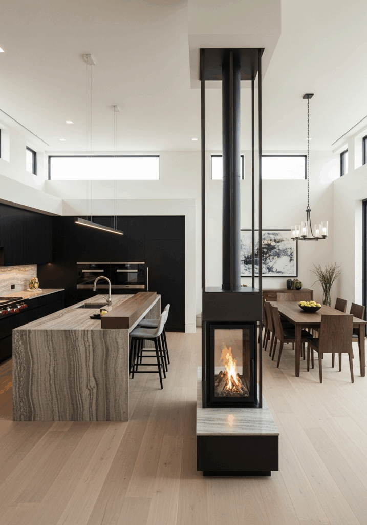 Broken Plan Kitchen and Dining Layout with Fireplace Divider