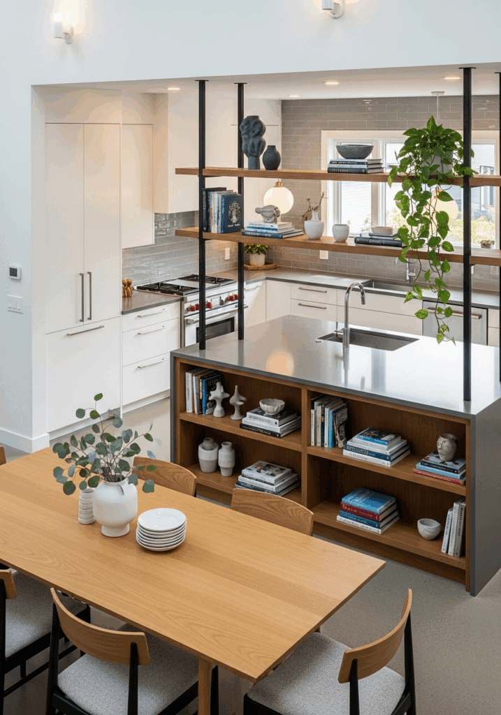 Broken Plan L Shaped Kitchen with Bookshelf Divider