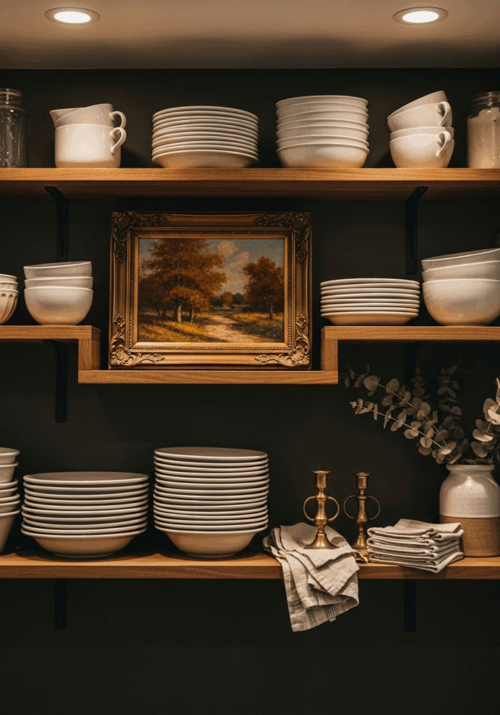 Collected Look with Vintage Art for Styling Fall Kitchen Shelves