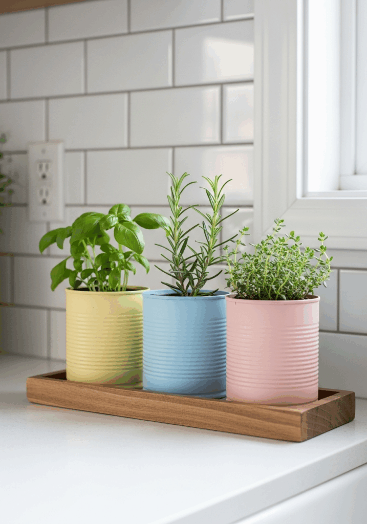 Colorful Upcycled Tin Can DIY Indoor Herb Garden Planter Set
