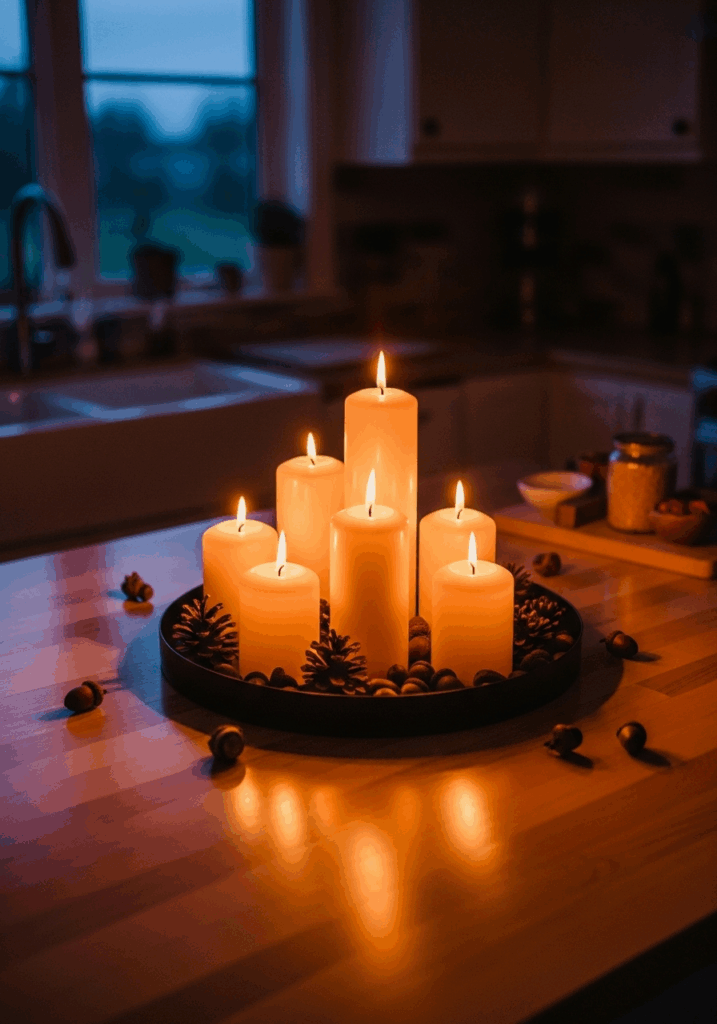 Cozy Candle Display as Fall Decor for a Kitchen Island