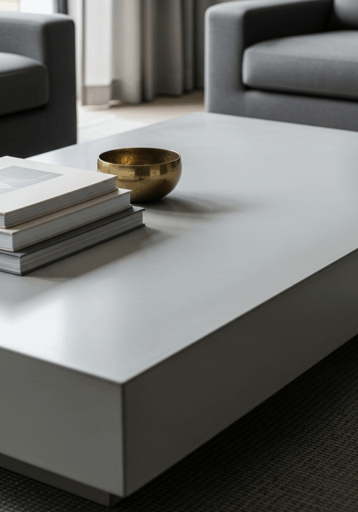 Decluttered Surfaces in a Minimalist Gray and Gold Living Room
