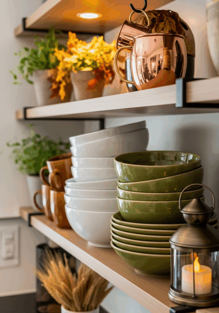 Earthy Color Palette for Styling Open Kitchen Shelves in Fall