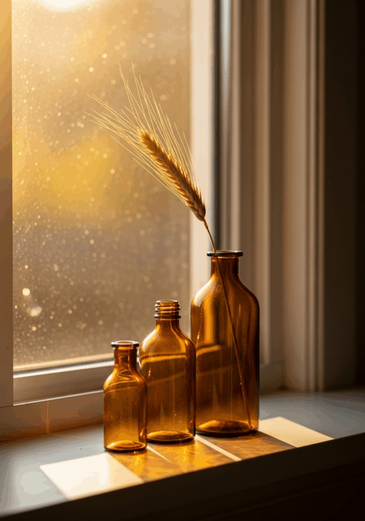 Elegant Amber Glass Bottles for Fall Window Sill Decor