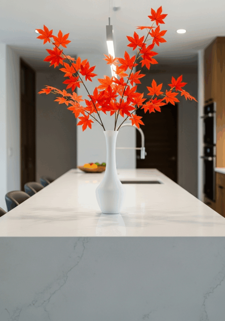 Elegant Vase with Autumn Branches on a Kitchen Island