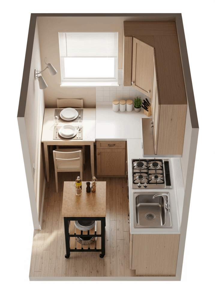 Flexible Small Kitchen Layout with Mobile Island Cart