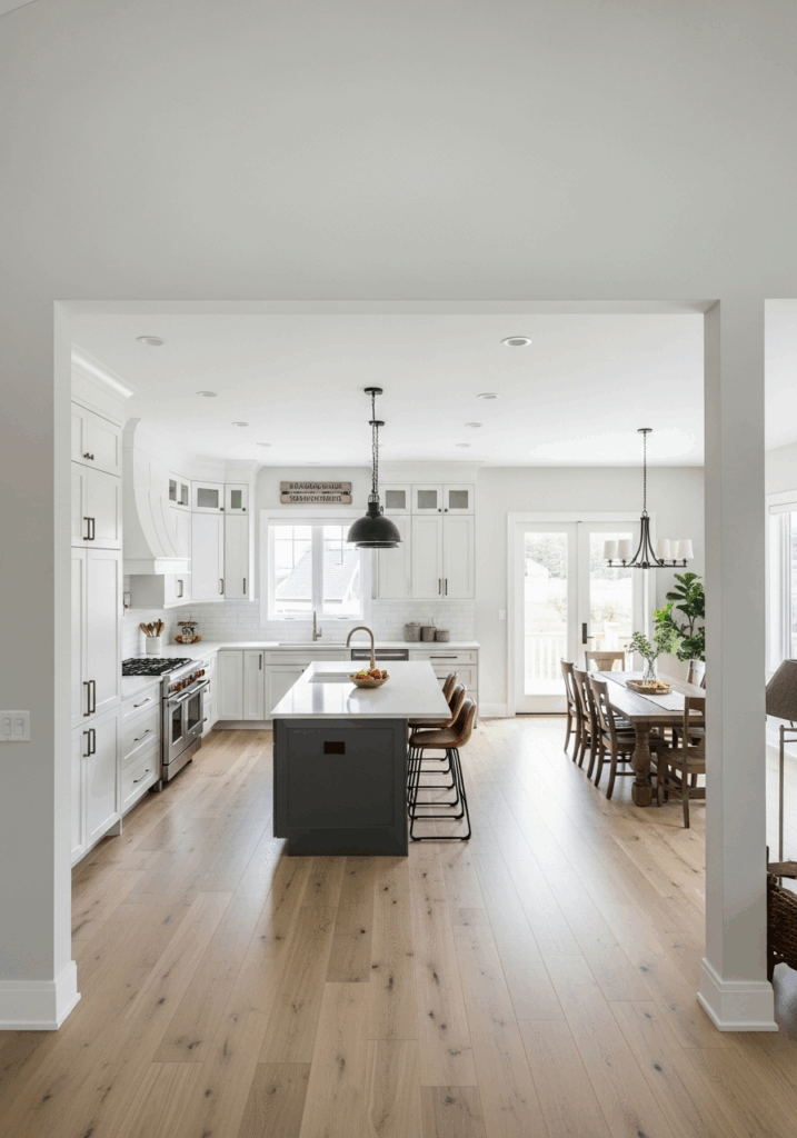 L Shaped Kitchen and Dining Room with a Central Island Layout