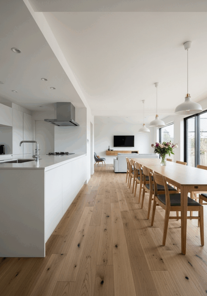 L Shaped Kitchen with Parallel Dining Zone Floor Plan