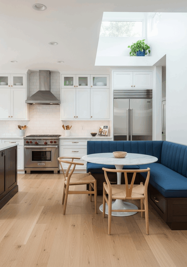 L Shaped Open Concept Kitchen with Corner Banquette Dining