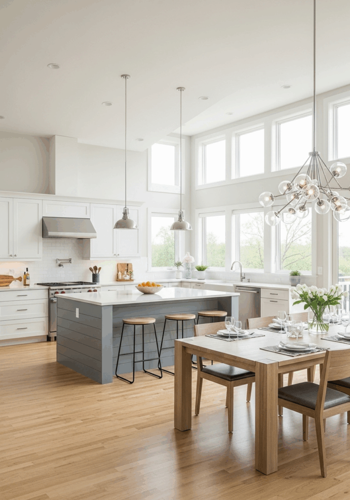 L Shaped Open Kitchen Layout with Island and Dining Table