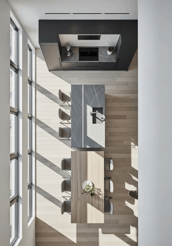 Linear Layout for Open Kitchen Island and Dining Table