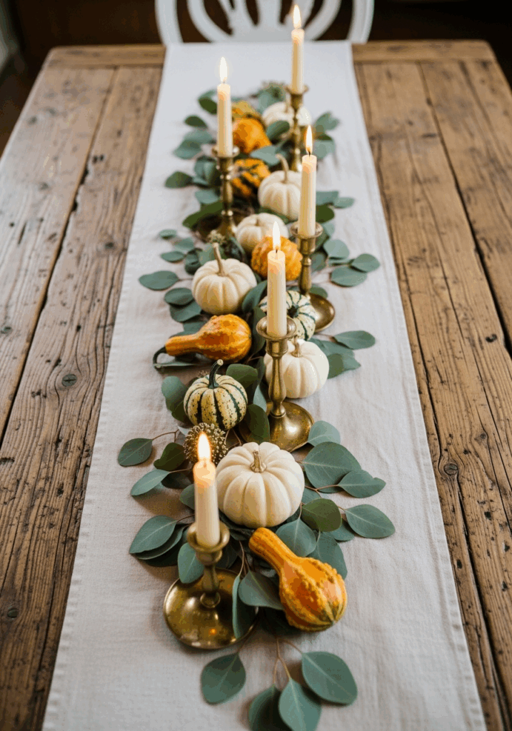 Long and Low Fall Kitchen Table Centerpiece Idea