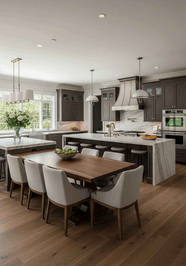 Luxurious Double Island Layout for Kitchen and Dining