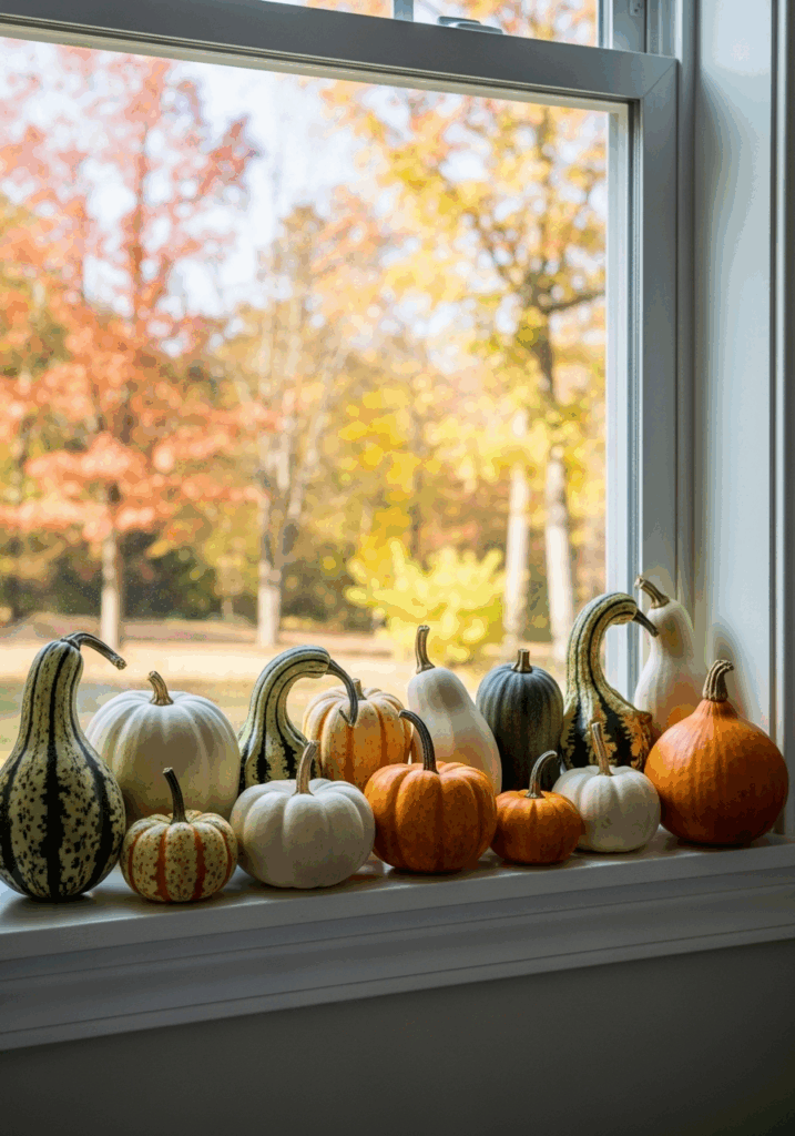 Mini Pumpkin Patch on a Fall Kitchen Window Sill