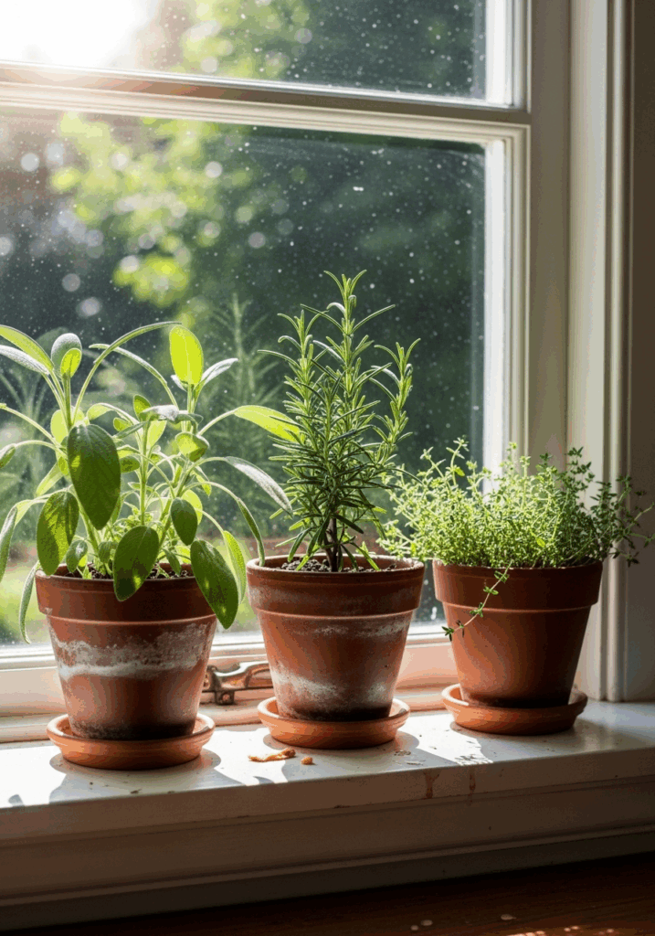 Miniature Herb Garden on a Fall Kitchen Window Sill
