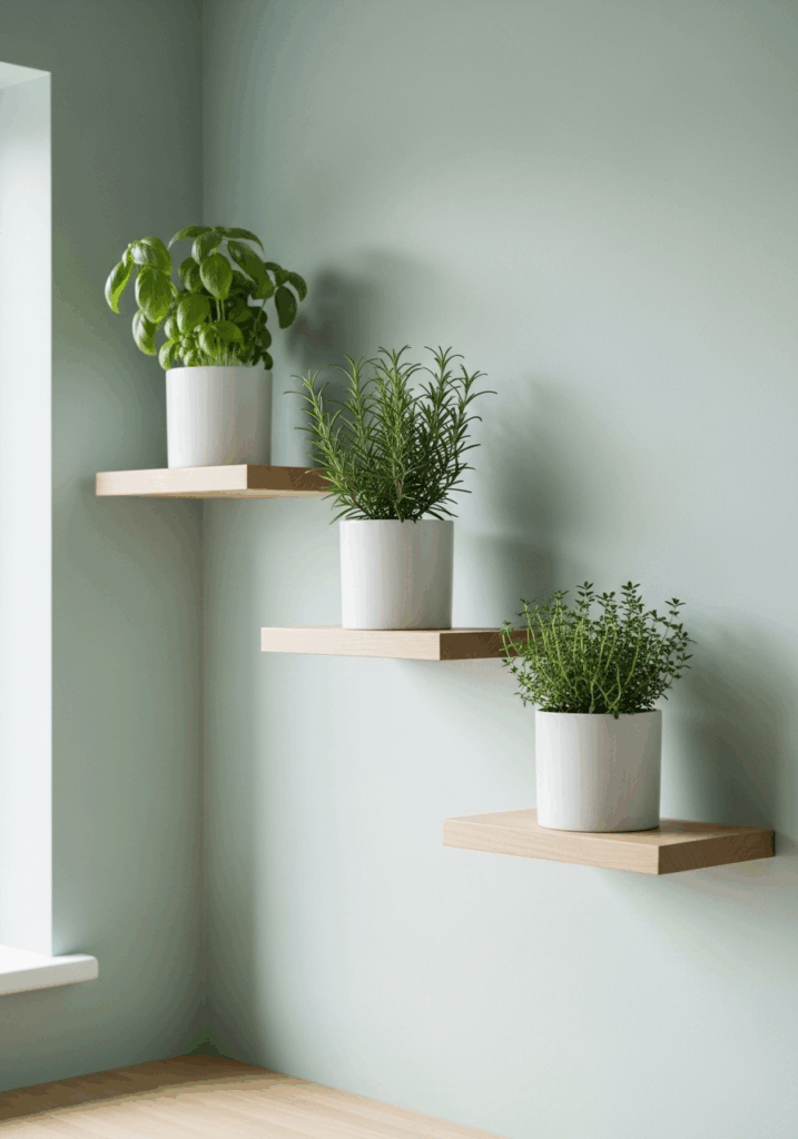 Minimalist Floating Shelves as a Wall Mounted Herb Garden