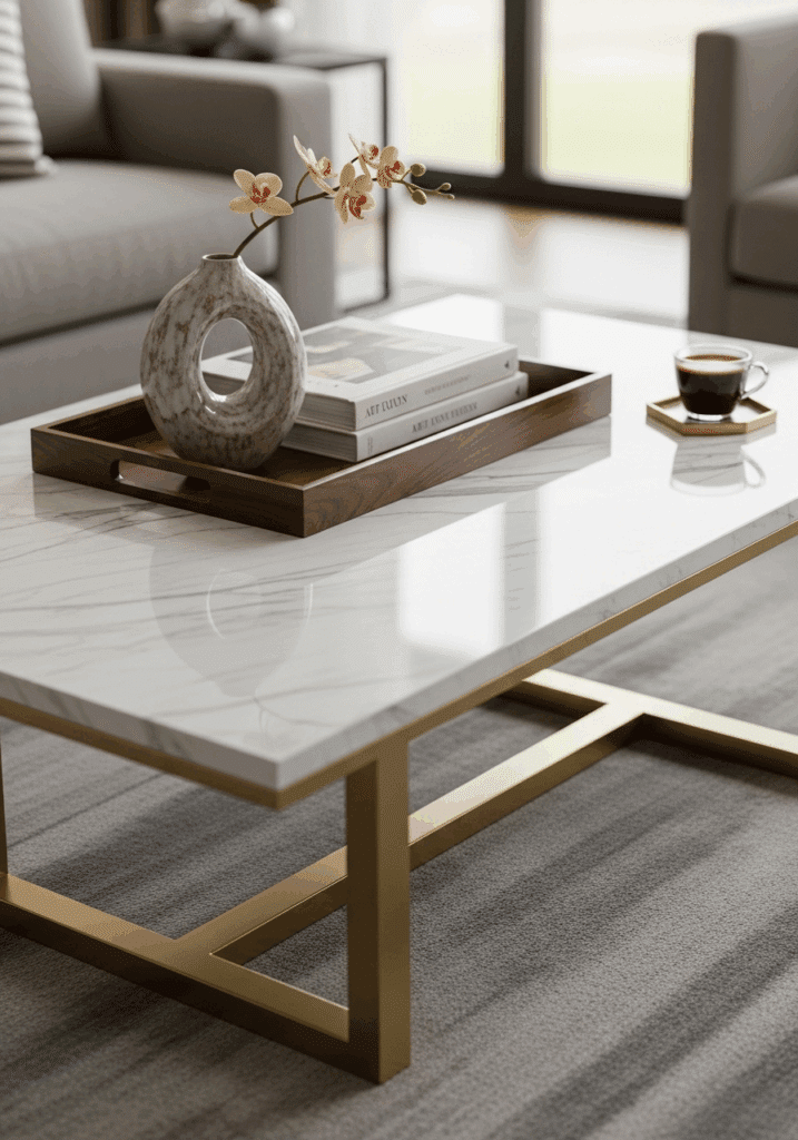 Modern Gold and Marble Coffee Table in a Gray Living Room